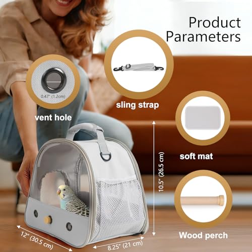 Bird Carrier, Portable Small Bird Parrot Parakeet Carrier with Standing Perch and Stainless Steel Tray, Side Access Window Collapsible (Grey, Clear Windows) - color: Grey