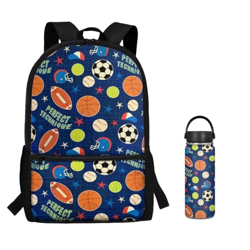 ZOUTAIRONG Backpack and Small Thermos with Carry Handle School Bags for Girls, Baseball Basketball Soccer Print Large Capacity & Lightweight Bookbag with Side Pockets - color: Baseball Basketball Soccer