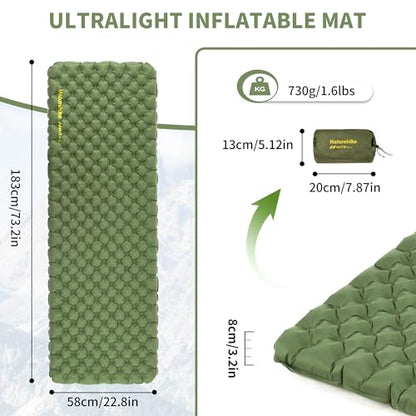 Naturehike 25oz Ultralight Sleeping Pad, Insulated Inflatable Sleeping Pad 4.6R, Lightweight Sleeping Mat for Camping, Hiking, Backpacking, with Air Pump Sack - size: Rectangular