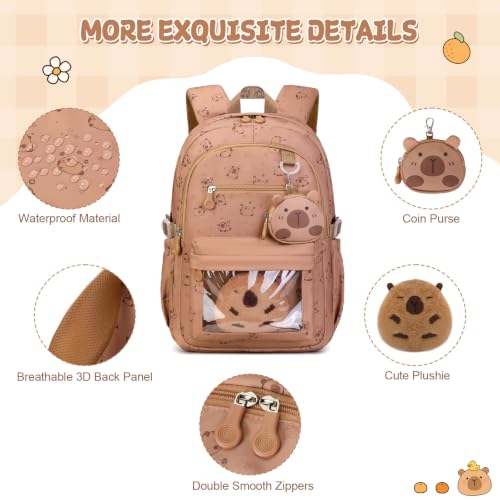 Capybara Theme Backpack for School Girls, 35PCS Kids Backpack Set with School Supplies Stationery Kit Lunch Box Pencil Case, Cute Girls Bookbag for Kindergarten Elementary Student - color: Brown