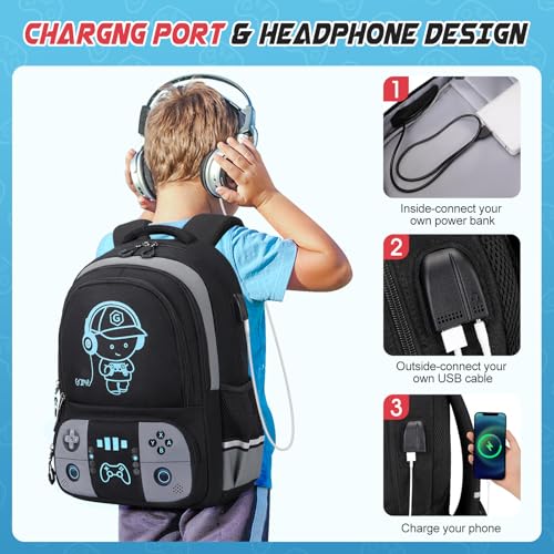 Bevalsa Backpack for School Boys, Cool Luminous Gamer Boys Schoolbag with Lunch Box & Pencil Case Set for Kids Teens Elementary Middle School, Bookbag Glow In The Dark(Black Backpack) - color: Black, style: Backpack