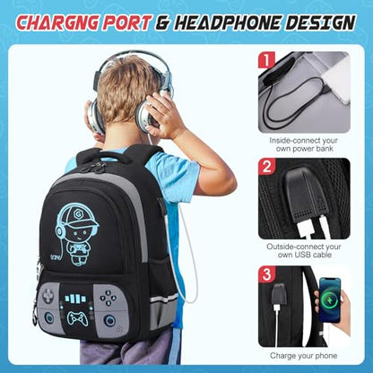 Bevalsa Backpack for School Boys, Cool Luminous Gamer Boys Schoolbag with Lunch Box & Pencil Case Set for Kids Teens Elementary Middle School, Bookbag Glow In The Dark(Black Backpack) - color: Black, style: Backpack