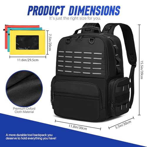 Tool Backpack,Heavy Duty Tool Bags for Men,Tool Storage Organizer Bag With 3 Tool Pouches for Electrician/Industrial/Construction/Tactical/Hvac Techs/Repairman Work