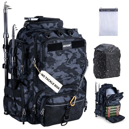 Goture Fishing Backpack, 900D Water-Resistant Tackle Backpack with Rod Holders, 45L Large Fishing Bag Storage Gear Tackle Bag with 8 Lure Pockets, Rain Cover for Camping Hiking(Without Tackle Box) - color: 45L Camo with 8 Lure Pockets
