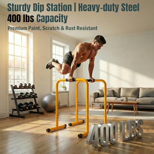 OLIXIS Dip Bar, Adjustable Heavy Duty Dip Bar Station with Soft High-Density Foam Handles, Stabilizer Parallel Parallette Bar Fitness Equipment for Home, Gym, Patio, Office - color: Yellow
