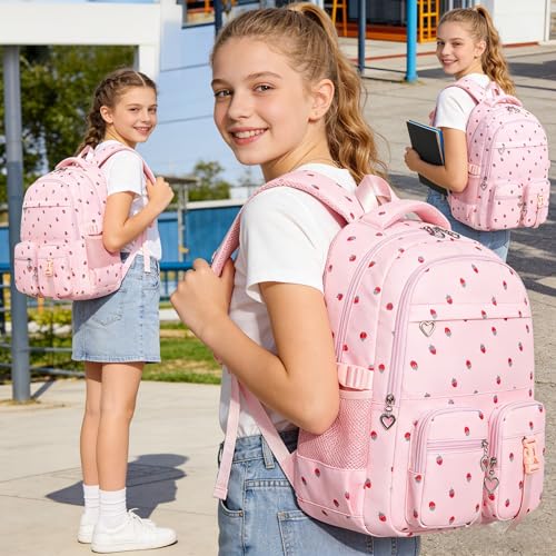 Girls Backpack Lightweight Bookbags for High School Laptop Backpack For College Women Big Student Daypack Casual (Strawberry-Pink) - color: Strawberry-pink