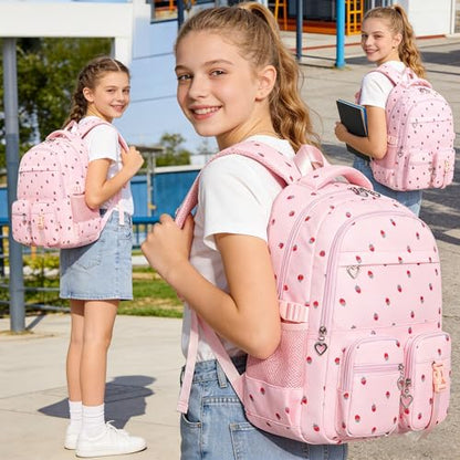 Girls Backpack Lightweight Bookbags for High School Laptop Backpack For College Women Big Student Daypack Casual (Strawberry-Pink) - color: Strawberry-pink