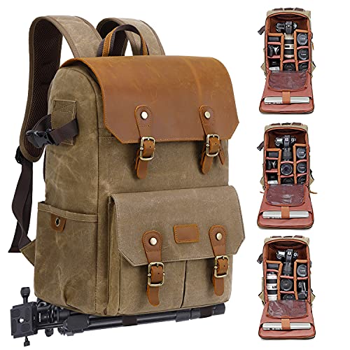 JAEP Camera Backpack - Weather Resistant 16 Ounces Waxed Memory Canvas – DSLR SLR Backpacks with 15.6” laptop sleeve compartment and Tripod Holder for Photographers -Vintage leather Style (Khaki) - color: Khaki