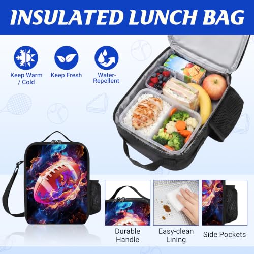 Football Backpack Set for School,17 Inch Casual School Bags with Lunch Box, Kids Daypack Bags and Pencil Case Set for Teens Boys Men Students - color: Football