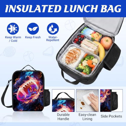 Football Backpack Set for School,17 Inch Casual School Bags with Lunch Box, Kids Daypack Bags and Pencil Case Set for Teens Boys Men Students - color: Football