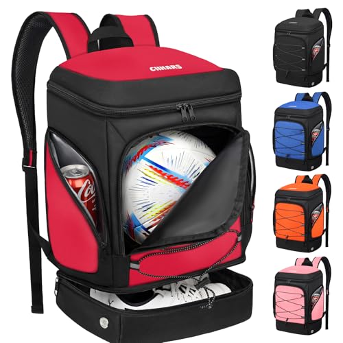 Soccer Bag - Soccer Backpack with Ball Holder,Sport Equipment Bags gifts for soccer stuff Water resistant Includes Separate Cleat Fit Basketball Volleyball Football - color: Red