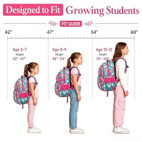 MYGOO Girls School Backpack Campus Butterfly Aqua Bookbag for Elementary Middle School Ages 5-12, 17 inch Large Capacity 24L Kids Student Travel Bags - color: Campus Butterfly Aqua