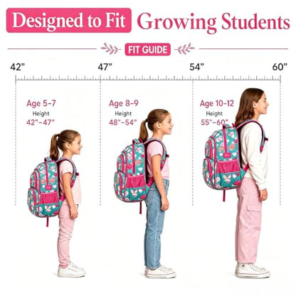 MYGOO Girls School Backpack Campus Butterfly Aqua Bookbag for Elementary Middle School Ages 5-12, 17 inch Large Capacity 24L Kids Student Travel Bags - color: Campus Butterfly Aqua