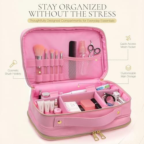 2-in-1 Travel Makeup and TSA Toiletry Organizer for Women – Flexible Compartments, Clear TSA Window, Wipe Clean Vegan Leather, Gift Box Included – Carry-On Approved, Cream - color: Pink