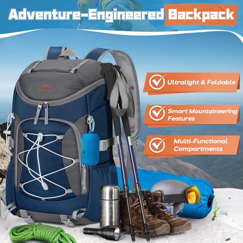 RAINSMORE Foldable Hiking Backpack for Women Men Packable Camping Backpack 40L Waterproof Hiking Daypack Bag Lightweight Collapsible Daypack for Travel Trekking Mountaineering Large Capacity Blue - color: Dark Blue and Grey