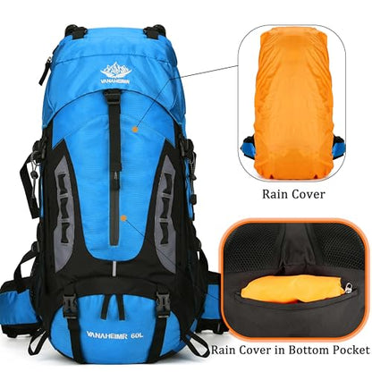 YFREAL 60L Travel Hiking Camping Backpack with Rain Cover,Backpack Water Resistant,Climbing Backpack for Men Women (BLUE) - color: Blue