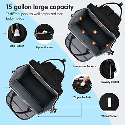 DERJUNSTAR Baby Diaper Bag Backpack with Changing Station, Large Capacity Baby Diaper Bags for Boys Girls, Waterproof Changing Pad, USB Charging Port, Pacifier Case, Sunshade and Toy Bar - color: Diamond Black