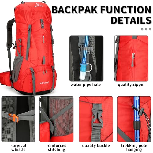Hiking Backpack for Men and Women 70L+5L Waterproof Lightweight Camping Daypack with Rain Cover for Outdoor Travel Mountaineering - Frameless (Red) - color: Red