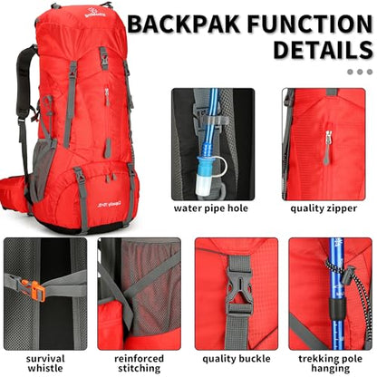 Hiking Backpack for Men and Women 70L+5L Waterproof Lightweight Camping Daypack with Rain Cover for Outdoor Travel Mountaineering - Frameless (Red) - color: Red