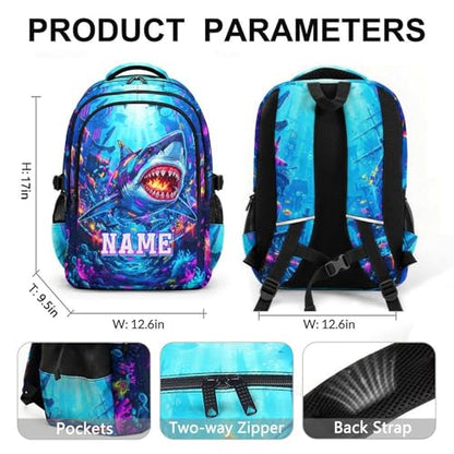 Boys Backpack Shark Backpacks Personalized with Name for Kids Teens, Large Capacity Bookbag for School Elementary Middle Senior Travel Casual - color: Dark Blue