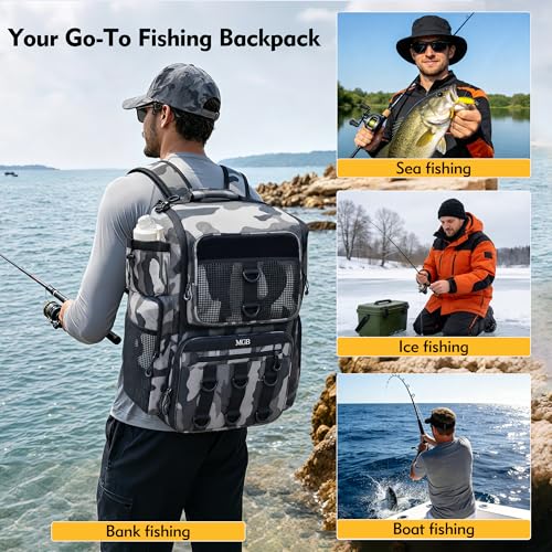 MGB 46L Water-resistant Fishing Tackle Backpack with Rod Holders - color: Grey+black Camo（without Tackle Box）