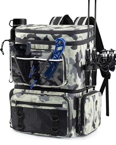 HXLGMD Fishing Backpack with Rod Holders, Double Layer Large Water-resistant Tackle Bag Store Gear with Cooler, Grey - color: Grey Camouflage