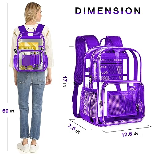Clear Backpack Heavy Duty Large Transparent Backpack with Reinforced Bottom for College, Travel, Workplace Security - Purple - color: Purple