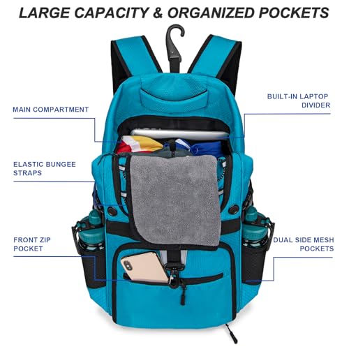 Basketball Backpack with Separate Ball & Ventilated Shoe Compartment, Sports Bag with Hook for Men Women Teens Training Travel - color: Blue