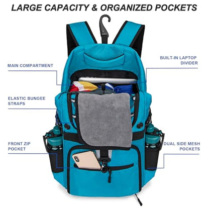 Basketball Backpack with Separate Ball & Ventilated Shoe Compartment, Sports Bag with Hook for Men Women Teens Training Travel - color: Blue