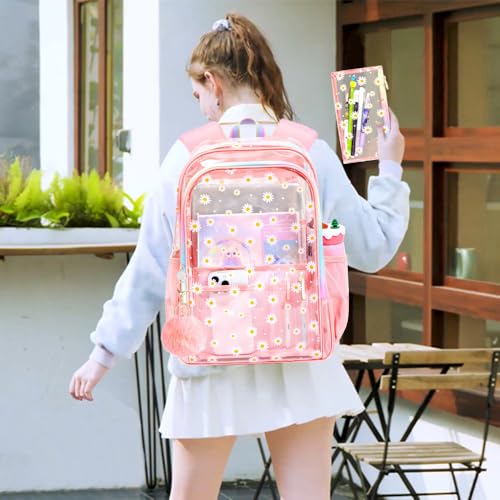 gxtvo 3PCS Clear Backpack Heavy-Duty Set for Women & Teen Girls, 17" Pink Transparent Bookbag with Rainbow Strap, Cute Chrysanthemum See Through School Bag - color: Pink Chrysanthemum Clear Backpack Set