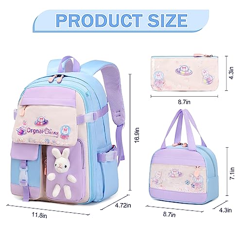 FIXITOK Girls Backpack Set, 3PCS Kids Backpacks for Girl, cute bunny School Backpack for Girls Kids Teen Kindergarten Elementary Preschool Middle School Bags with Lunch Box Pencil Case Blue - color: Blue