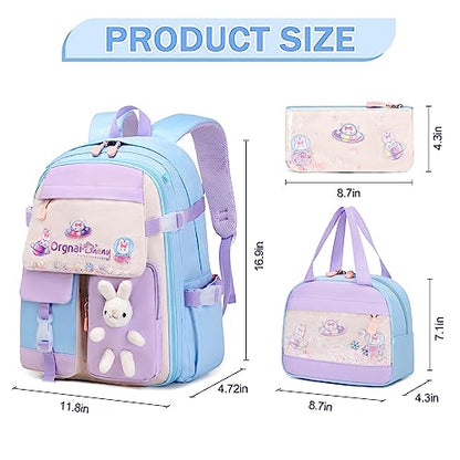 FIXITOK Girls Backpack Set, 3PCS Kids Backpacks for Girl, cute bunny School Backpack for Girls Kids Teen Kindergarten Elementary Preschool Middle School Bags with Lunch Box Pencil Case Blue - color: Blue