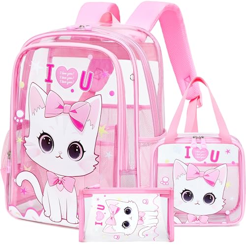 AO ALI VICTORY Clear Backpack for Boys Girls,15.6 Inch Kids Clear Backpack Set with Lunch Bag Pencil Case PVC Elementary Bookbag for School Students See Through Transparent Travel Back Pack,Pink Cat - color: Pink Cat 3pcs