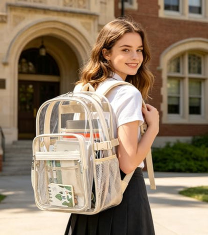 abshoo Big Heavy Duty Clear Backpack for School Girls Boys Transparent Bookbag for Middle High School (Beige) - color: Beige