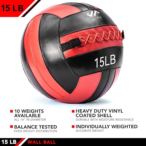 JFit Wall Ball – Premium Soft Weighted Exercise Ball for Strength, Conditioning, Gym & Home Workouts, 4-30 LB - color: Red/Black, style: 15 LB