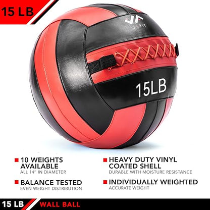 JFit Wall Ball – Premium Soft Weighted Exercise Ball for Strength, Conditioning, Gym & Home Workouts, 4-30 LB - color: Red/Black, style: 15 LB