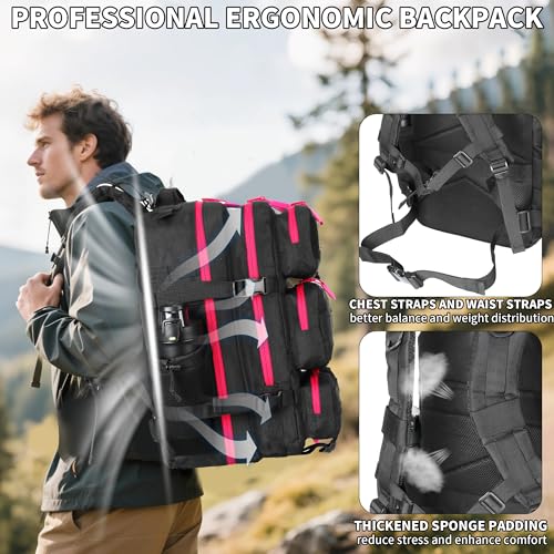 55L Tactical Backpack Heavy Duty Military Rucksack Molle Backpack 3 Day Assault Pack for Work Outdoors - color: Black Rose
