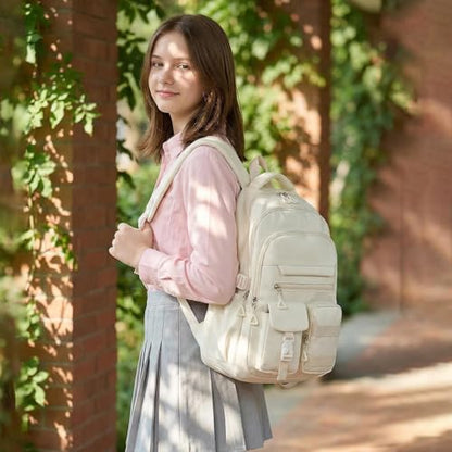 Cute Backpack for Teen Girls Boys, Aesthetic Travel Bookbag for High Middle School College Student (Beige) - color: Beige