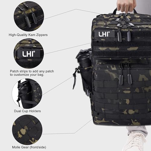 LHI Military Tactical Backpack for Men and Women 45L Army 3 Days Assault Pack Bag Large Rucksack with Shoe Compartment - Black CP - color: 1.21 Shoe Compartment（black Cp）