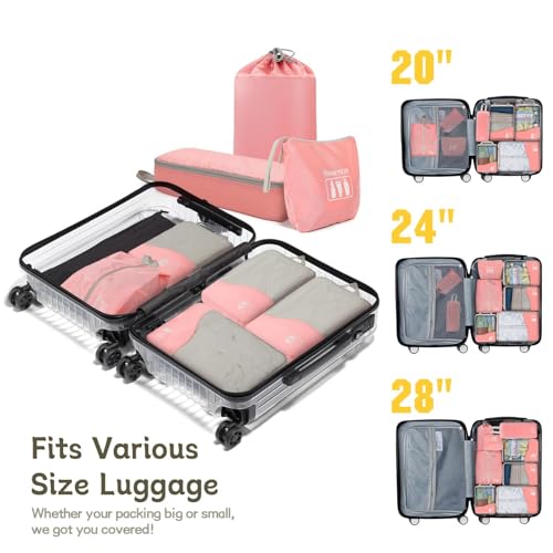 Compression Packing Cubes 8 Set, Dual Zipper Compression Packing Cubes for Travel, See-Through Mesh Packing Bags for Suitcases, Compression Travel Cubes with Shoe Bag (Pink) - color: 8 Set Pink