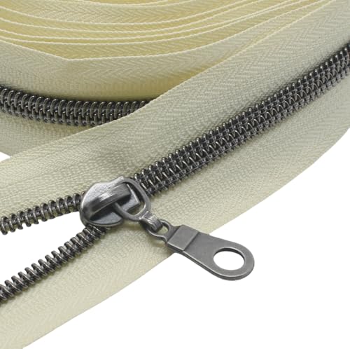 MebuZip #5 Gunmetal Metallic Nylon Coil Zippers by The Yard Bulk Coil Zipper Roll 10 Yards with 25pcs Pulls for DIY Sewing Craft Bags (Beige) - color: Gunmetal Beige