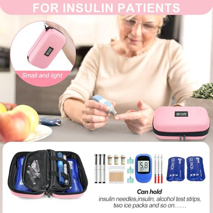 Gosemai TSA Approved Insulin Cooler Travel Case Medication Cooler for Travel with Thermometer Temperature Display Diabetic Medication Organizer Medical Travel Cooler Bag with 2 Ice Pack - color: Pink