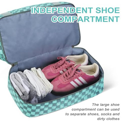 WOOMADA Weekender Bag for Women, Travel Duffel Bags with Shoe Compartment & Wet Pocket, Personal Item Bag for Airlines - color: Turquoise Checkerboard