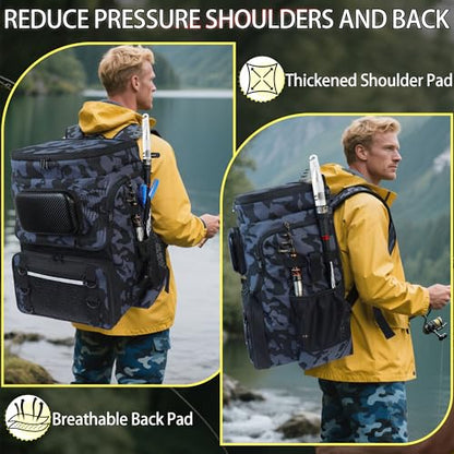 Fishing Backpack with Rod Holder, Large 50L Tackle Bag Water Resistant Tackle Backpack Heavy Duty Fishing Bag Gift for Men Woman - color: Blue Camo without Tackle Boxes or Fishing Tools