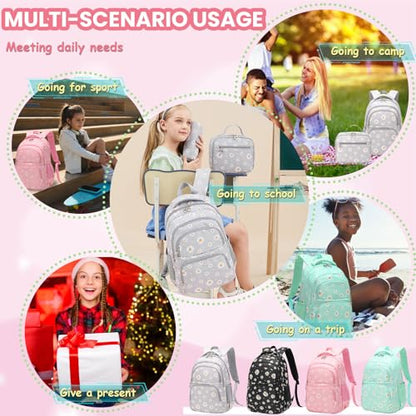 YJMKOI 3Pcs Daisy Prints Backpack for Girls Middle-School Elementary Students Bookbag Set with Lunch Box (Pink) - color: Pink
