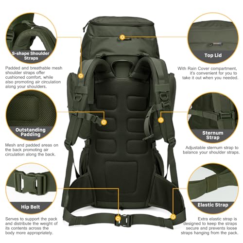 Mardingtop 60L Military Internal Frame Backpack for Hiking,Camping,Hunting,Rucksack Backpack with Rain Cover - color: Ranger Green