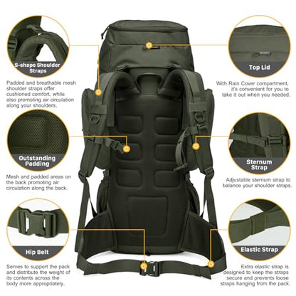 Mardingtop 60L Military Internal Frame Backpack for Hiking,Camping,Hunting,Rucksack Backpack with Rain Cover - color: Ranger Green