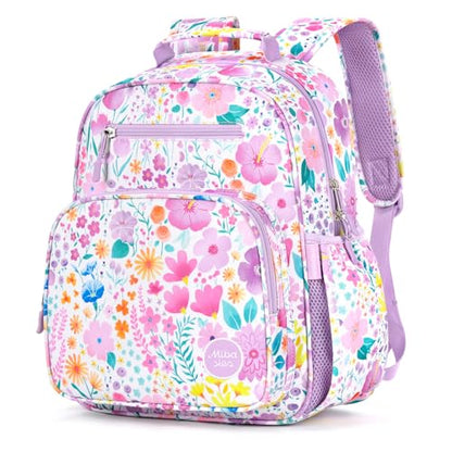 mibasies Kids Backpack for Girls 5-8: Water-Resistant School Bookbag for Kindergarten and Elementary - Flower Light Purple - color: Flower Light Purple, style: Kids-15"h