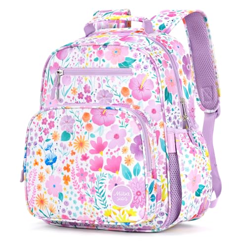 mibasies Kids Backpack for Girls 5-8: Water-Resistant School Bookbag for Kindergarten and Elementary - Flower Light Purple - color: Flower Light Purple, style: Kids-15"h