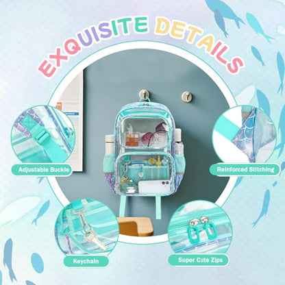 Sisipoet Clear Backpack for Girls, Heavy Duty PVC Transparent Bookbag for School, Funny Kids Backpacks with Mermaid Print, Blue - color: Mermaid